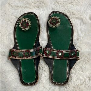 Green and Black Embroidered Women's Sandals